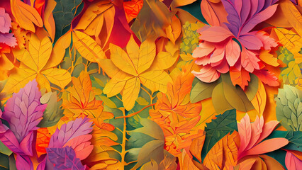 Illustration autumnal autumn - Many floral leaves with gradient, top view, seamless pattern