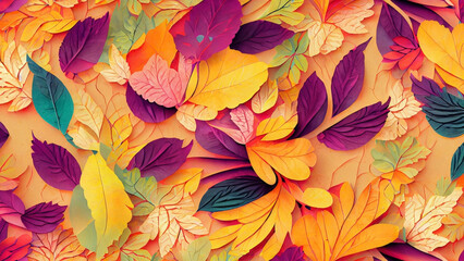 Illustration autumnal autumn - Many floral leaves with gradient, top view, seamless pattern