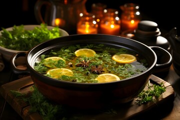 Chicken soup with herbs and lemon in a pot on a wooden table