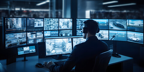 Male Officer Works on a Computer with Surveillance CCTV Video in a Harbour Monitoring Center with Multiple Cameras on a Big Digital Screen. Employees Sit in Front of Displays with Big Data