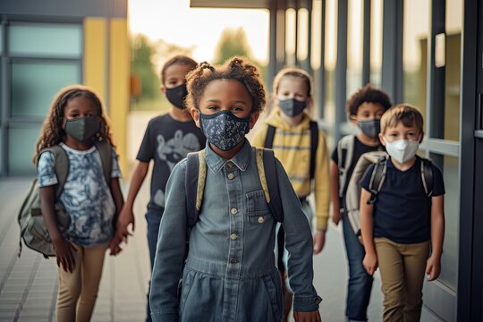 Kids wearing masks return to school during pandemic. Photo generative AI