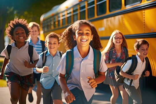 Smiling multi-ethnic kids rush to class from bus. Photo generative AI
