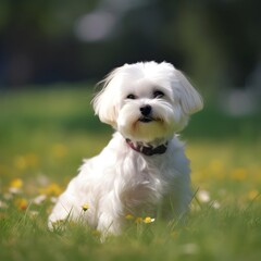 a cute maltese dog sits on grass under beautiful sunlight, and looks at the camera.  Background with copy space.