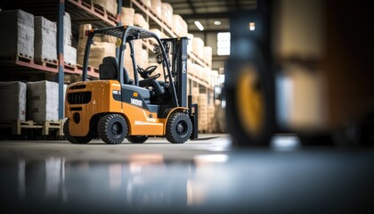 Industrial building large warehouse interior with forklift and palette with goods and shelves. Storage goods and distribution. Logistic concept. Generative AI - obrazy, fototapety, plakaty