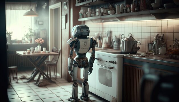 Domestic personal robot helps to his owner at kitchen. Domestic personal robot preparing breakfast at kitchen. Near future is coming. Horizontal layout. Generative AI