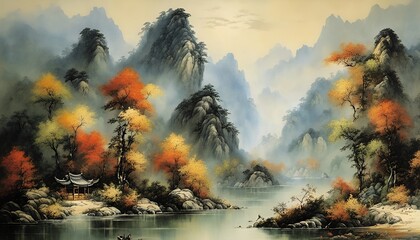 Mountains, forest and river Chinese traditional painting - obrazy, fototapety, plakaty