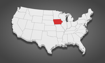Iowa State Highlighted on the United States of America 3D map. 3D Illustration