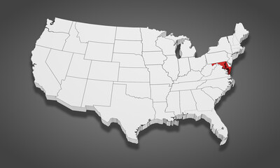 Fototapeta premium Maryland State Highlighted on the United States of America 3D map. 3D Illustration