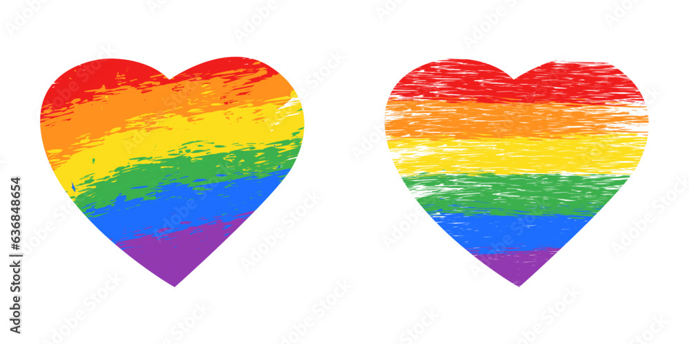 Poster Two variants of the LGBT heart. Isolated vector hearts made from paint strokes. Rainbow hearts in two versions. Vector.
