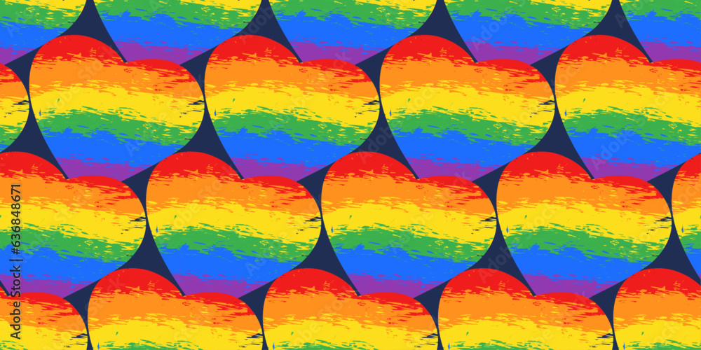 Poster hearts with lgbt paint. seamless rainbow pattern of hearts that are made from the lgbt flag.