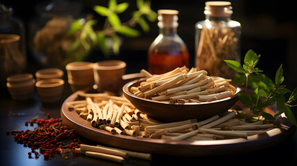 Chinese herbal medicine ginseng on the table Healthy Dietary Culture