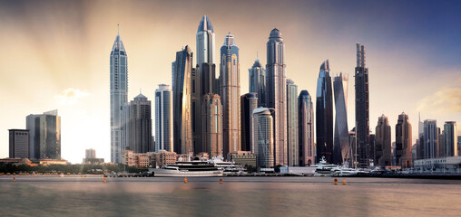 Dubai panorama skyline at dramatic sunset in Marina, United Arab Emirates