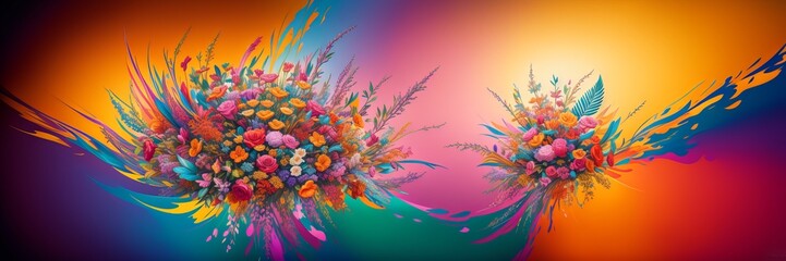 Colorful floral banner. Spring or summer flowers abstract theme. Rainbow colors. Elegant ornament with exotic fantasy flowers, leaves. Modern tropical wallpapers. Design for print, site. Generative AI