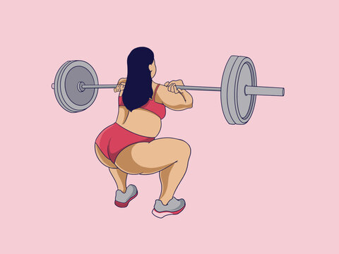 vector image on the theme of body positivity. a young curvy plump girl stands and is not shy about her fat folds at the waist. fitness and gym . love and accept your body. love yourself .