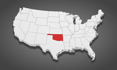 Oklahoma State Highlighted on the United States of America 3D map. 3D Illustration