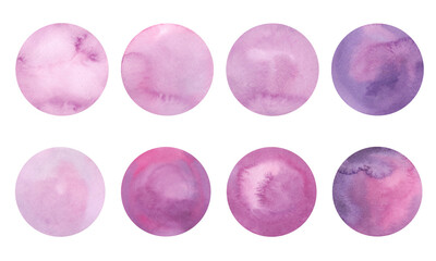 A set of watercolor circles, spots with a gradient in lilac shades isolated on a white background. Hand-drawn. The texture of watercolor on paper. An element for decoration and design.