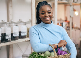 Black woman, face and shopping basket with vegetables, healthy food and diet produce in local...