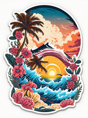 a sticker, artwork of t shirt graphic of majestic palm tree in digital painting style , beautiful flowers, sunrise mountains and clouds ,  water splashes, white background,