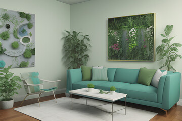 3d render of a green room with a turqoise sofa an art canvas and many plants and flowers
