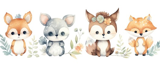 Adorable bohemian watercolor set. baby forest animals, intricate floral elements. Perfect for cards, decor, invitations. Concept of playful wildlife art.