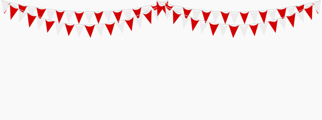 Bunting Hanging Red and White Flag Triangles Banner Background. Bunting flags for celebration, party, fair, market, sale. China, Canada, Swiss, Denmark concepts.