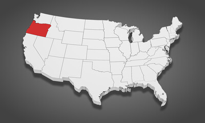 Oregon State Highlighted on the United States of America 3D map. 3D Illustration