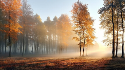 Naklejka premium landscape morning in the autumn misty forest, the rays of sunlight at dawn shine through the fog in a panoramic view of the October park