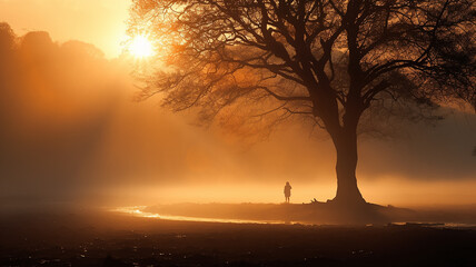 Fototapeta premium a lonely tree in autumn colors landscape of a foggy park view on a quiet October morning