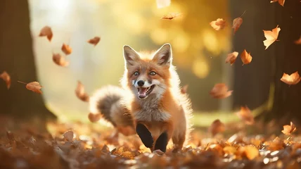 Fotobehang a cute fox runs in leaf fall through autumn leaves a view of wild nature the joy of change, a dynamic scene of flying leaves © kichigin19