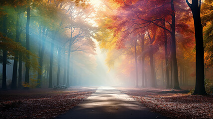 Naklejka premium landscape in a fabulous forest, rainbow spectrum of colorful autumn trees in unusual neon lighting, fog background autumn fantasy