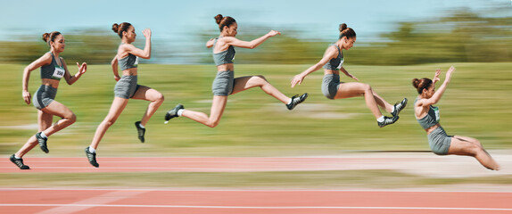 Sports, long jump and sequence of woman on race track in stadium for exercise, training and...
