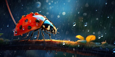 illustration of colorful ladybug in the rain, generative AI