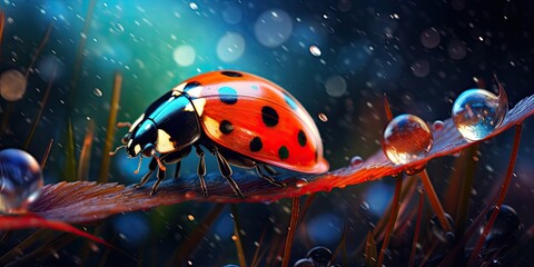 illustration of colorful ladybug in the rain, generative AI - obrazy, fototapety, plakaty