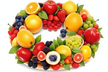 Fruit arrangement in the form of a circle on a white background. Generative AI.