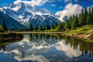 Mont Blanc reflected on alpine lake in French Chamonix. Generative AI