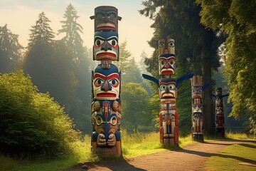 Totem poles amid nature in Stanley Park, Vancouver, BC, Canada. Generative AI - obrazy, fototapety, plakaty