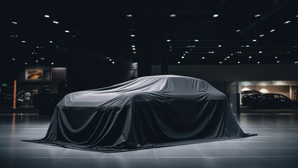 unknown new mystery car presentation covered by black fabric, exotic car is hidden under cloth, stands in black garage. Ai generated art	
