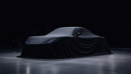 unknown new mystery car presentation covered by black fabric, sports car is hidden under cloth, stands in black garage. Ai generated art	
