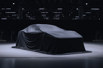 unknown new mystery car presentation covered by black fabric, sports car is hidden under cloth, stands in black garage. Ai generated art	
