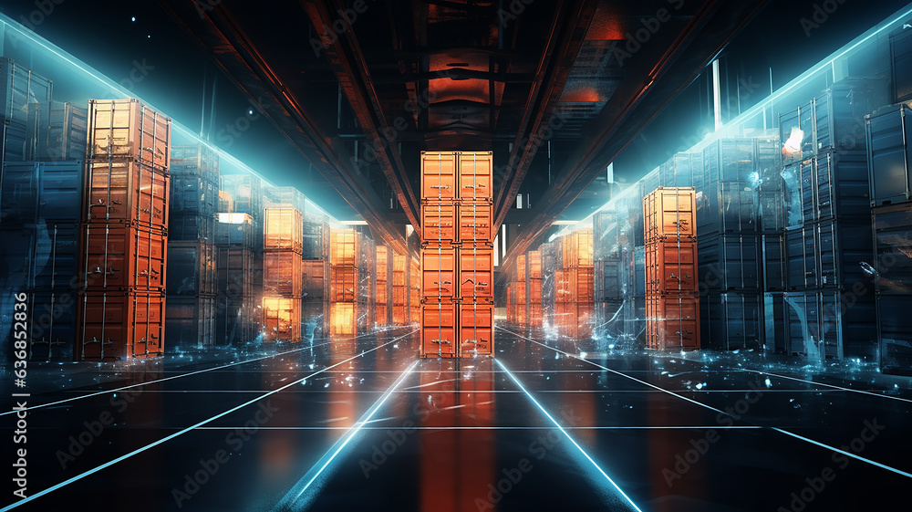 Poster warehouse technology of the future, warehouse program, neon background, futuristic computer graphics