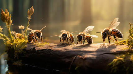 forest bees on a stump, wildlife bee hive, insects making honey, beautiful nature background - obrazy, fototapety, plakaty