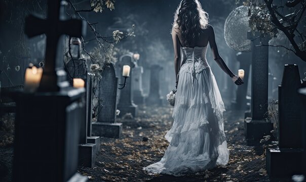 Photo of a woman in a white dress walking through a cemetery