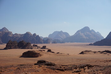 Fototapeta na wymiar Wadi Rum desert - a beautiful rocky landscape that looks like on planet Mars.