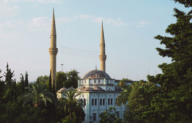 Holy mosque in green peaceful palm trees forest - Antalya (Turkey).