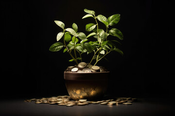 Pot Filled with Golden Coins and Green Seedlings Sprouting
