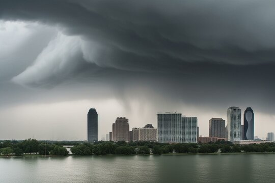 ominous skyline dominated by swirling twister. Generative AI