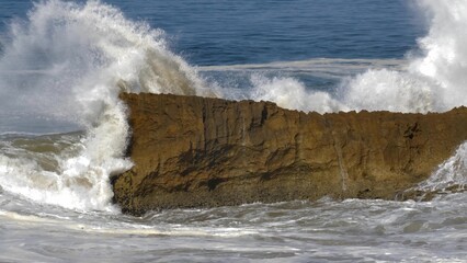 Huge Violent Waves Breaking on Rock Cliffs on Atlantic Ocean in Morocco
