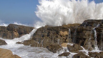Huge Violent Waves Breaking on Rock Cliffs on Atlantic Ocean in Morocco