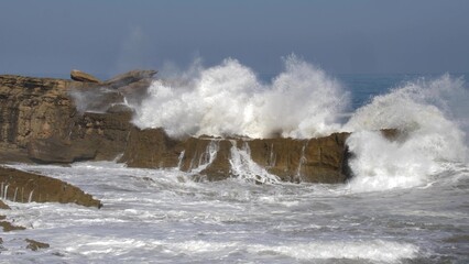 Huge Violent Waves Breaking on Rock Cliffs on Atlantic Ocean in Morocco