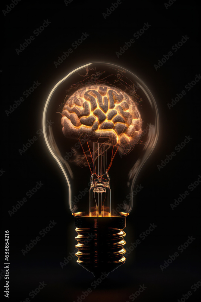 Poster a light bulb with a glowing brain inside represents the power of innovation and imagination is ai ge